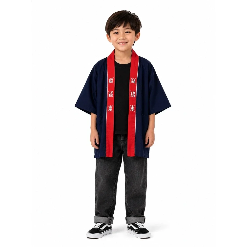 Duckling Kimono Robe Kids Size 10 Navy Blue Dragon Embroidered Kanji Vintage